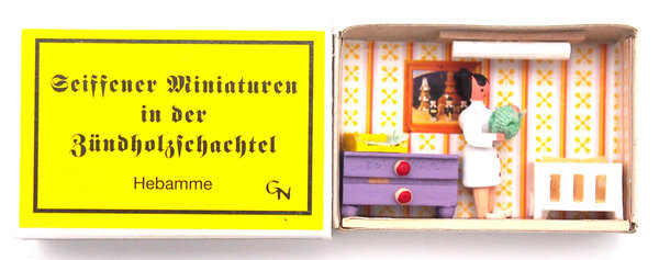 Seiffener Miniaturen in der Zündholzschachtel - Zündholzschachtel Hebamme