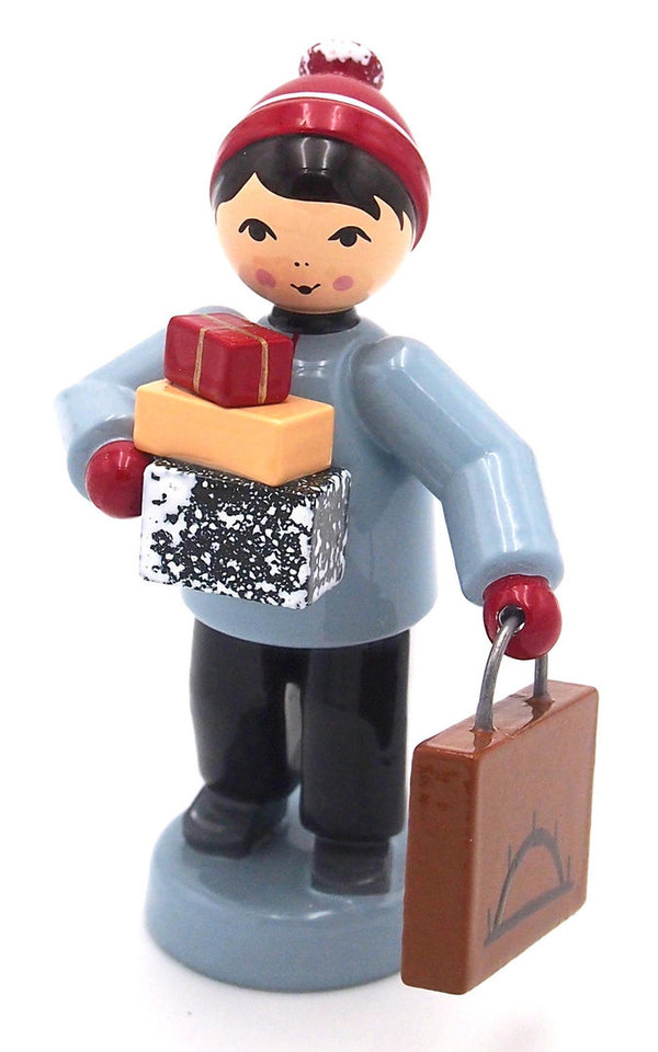 Ulmik Winterkinder Geschenketräger rot - Junge mit Geschenken und Schwibbogenkarton