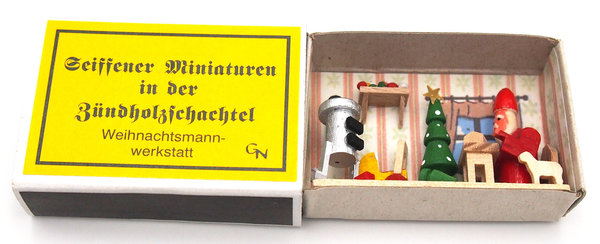 Seiffener Miniaturen in der Zündholzschachtel - Zündholzschachtel Weihnachtsmannwerkstatt